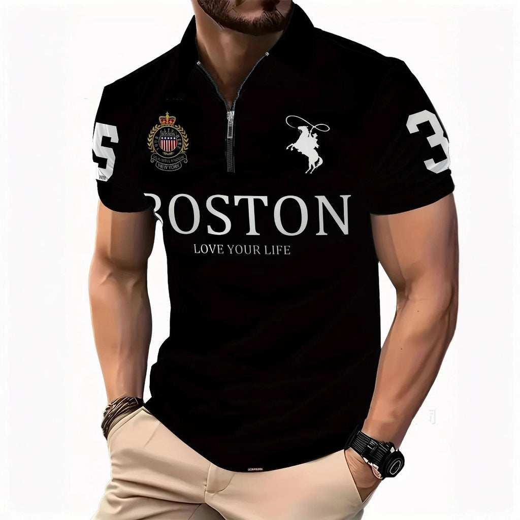 Men's 3D Digital Print Zip-Up Polo Shirt